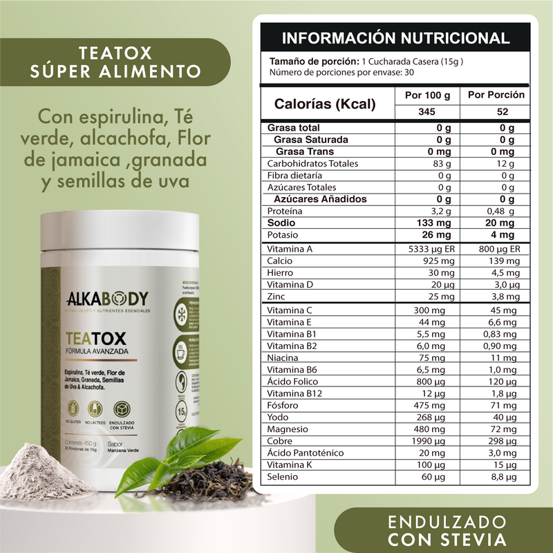 TEATOX, SÚPER ALIMENTO CON ESPIRULINA, TÉ VERDE, ALCACHOFA, FLOR DE JAMAICA ,GRANADA Y SEMILLAS DE UVA